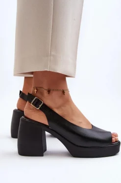 Zazoo 40376 Skórzane Sandały Na Masywnym Obcasie Czarne