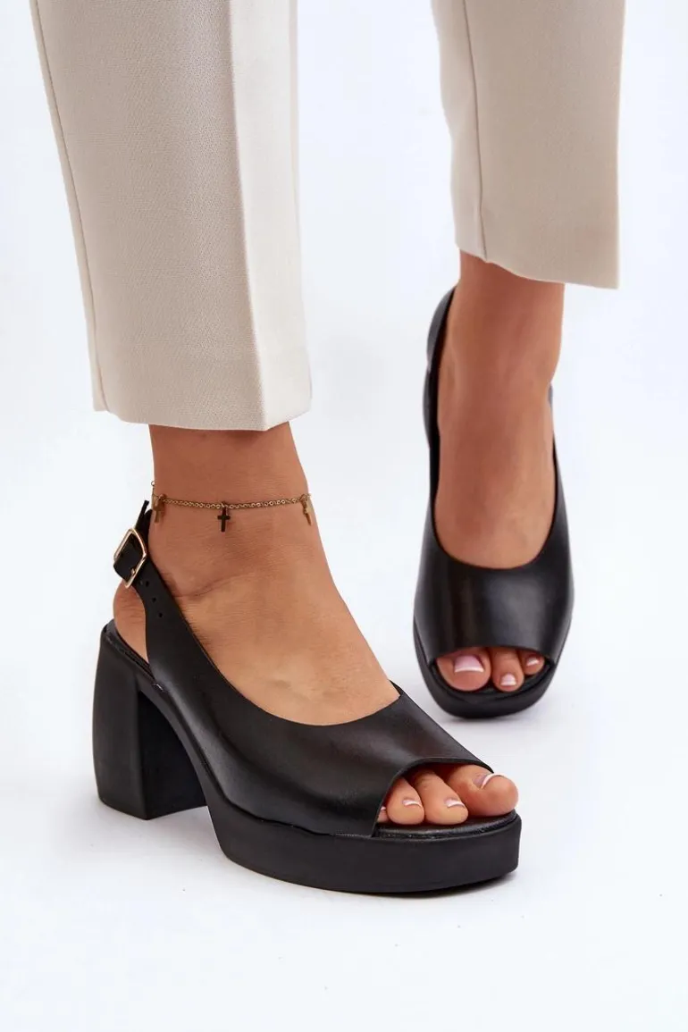 Zazoo 40376 Skórzane Sandały Na Masywnym Obcasie Czarne