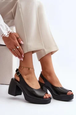 Zazoo 40376 Skórzane Sandały Na Masywnym Obcasie Czarne