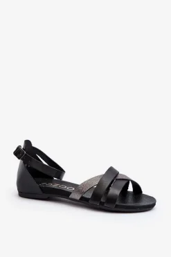Zazoo 40225 Skórzane Sandały Na Płaskim Obcasie Czarne