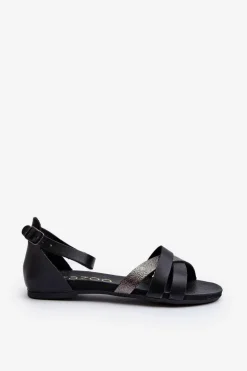 Zazoo 40225 Skórzane Sandały Na Płaskim Obcasie Czarne