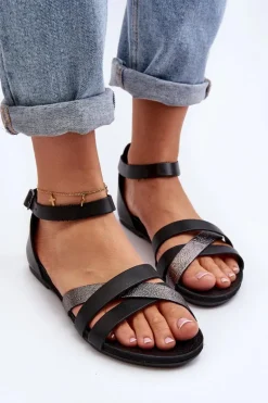 Zazoo 40225 Skórzane Sandały Na Płaskim Obcasie Czarne