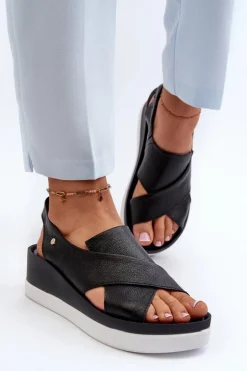 Zazoo 40256 Skórzane Sandały Na Koturnie Czarne