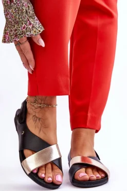 Zazoo 40141 Skórzane Sandały Na Rzep Czarno-Złote