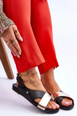 Zazoo 40141 Skórzane Sandały Na Rzep Czarno-Złote