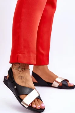 Zazoo 40141 Skórzane Sandały Na Rzep Czarno-Złote