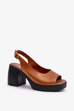 Zazoo 40376 Skórzane Sandały Na Masywnym Obcasie Brązowe