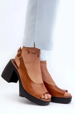 Zazoo 40376 Skórzane Sandały Na Masywnym Obcasie Brązowe