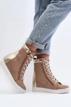 Zazoo 3081 Skórzane Trampki Damskie Na Koturnie Beżowe