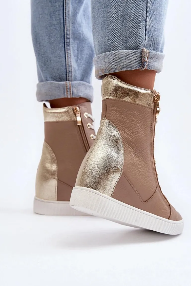 Zazoo 3081 Skórzane Trampki Damskie Na Koturnie Beżowe