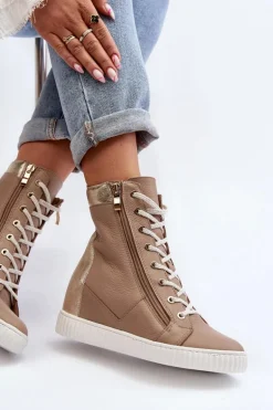 Zazoo 3081 Skórzane Trampki Damskie Na Koturnie Beżowe