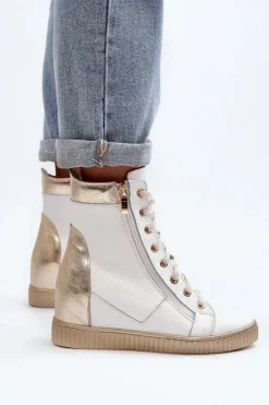 Zazoo 3081 Skórzane Trampki Damskie Na Koturnie Białe