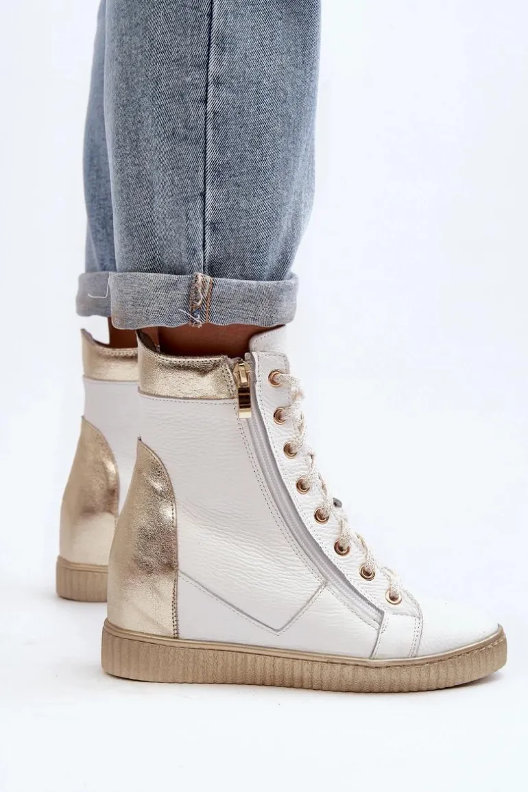 Zazoo 3081 Skórzane Trampki Damskie Na Koturnie Białe