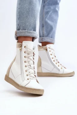 Zazoo 3081 Skórzane Trampki Damskie Na Koturnie Białe