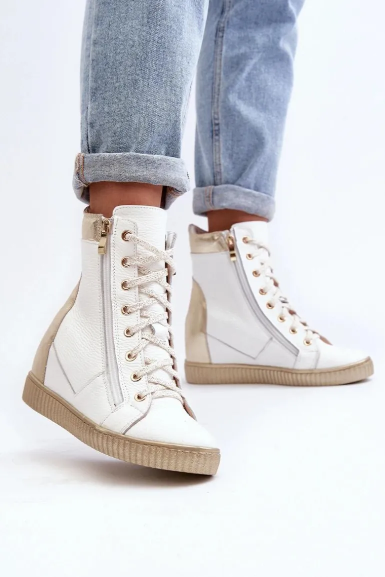 Zazoo 3081 Skórzane Trampki Damskie Na Koturnie Białe