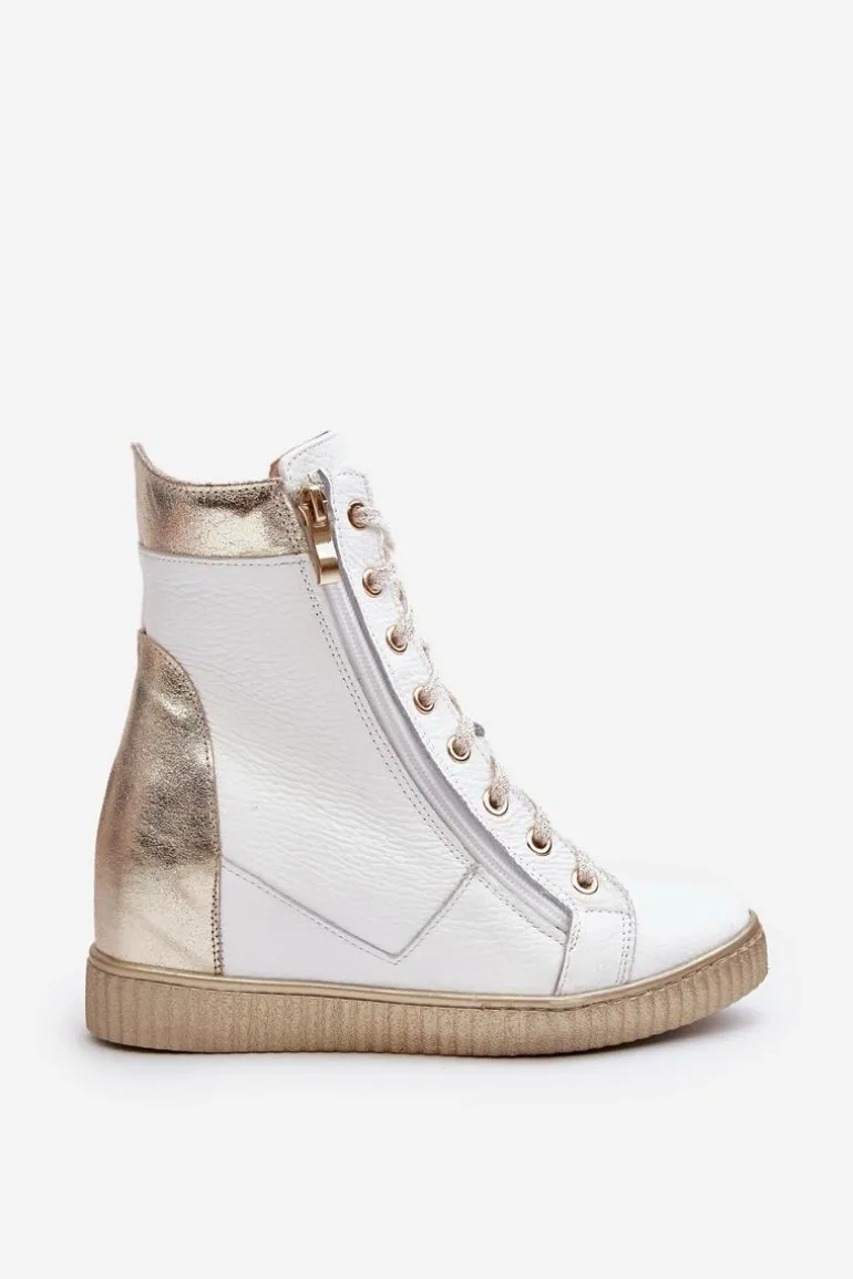 Zazoo 3081 Skórzane Trampki Damskie Na Koturnie Białe