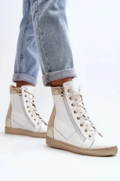 Zazoo 3081 Skórzane Trampki Damskie Na Koturnie Białe