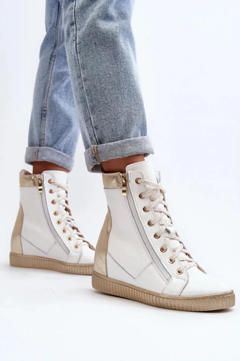 Zazoo 3081 Skórzane Trampki Damskie Na Koturnie Białe