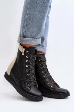 Zazoo 3081 Skórzane Trampki Damskie Na Koturnie Czarne