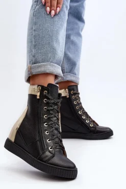 Zazoo 3081 Skórzane Trampki Damskie Na Koturnie Czarne