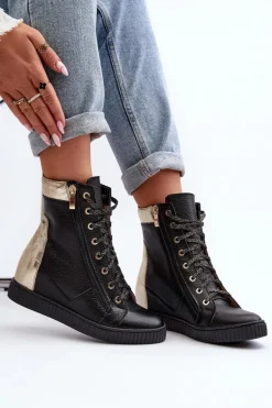 Zazoo 3081 Skórzane Trampki Damskie Na Koturnie Czarne