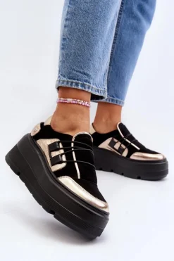 Zazoo 1833 Sneakersy Damskie Skórzane Na Masywnej Podeszwie Czarne