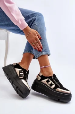 Zazoo 1833 Sneakersy Damskie Skórzane Na Masywnej Podeszwie Czarne