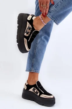 Zazoo 1833 Sneakersy Damskie Skórzane Na Masywnej Podeszwie Czarne