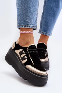 Zazoo 1833 Sneakersy Damskie Skórzane Na Masywnej Podeszwie Czarne