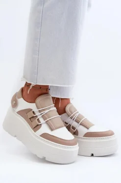 Zazoo 1833 Sneakersy Damskie Skórzane Na Masywnej Podeszwie Beżowo-Białe