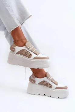 Zazoo 1833 Sneakersy Damskie Skórzane Na Masywnej Podeszwie Beżowo-Białe