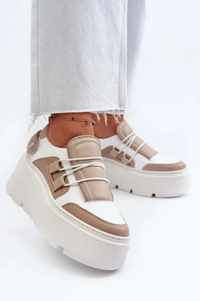 Zazoo 1833 Sneakersy Damskie Skórzane Na Masywnej Podeszwie Beżowo-Białe