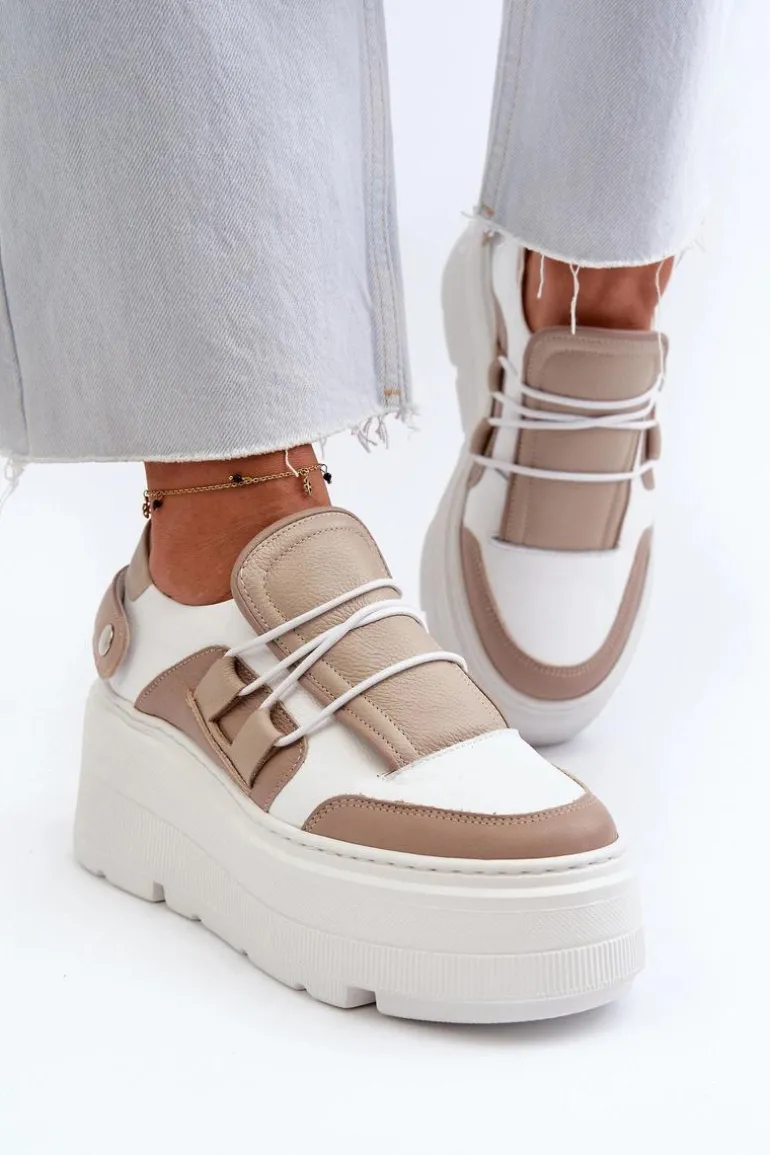 Zazoo 1833 Sneakersy Damskie Skórzane Na Masywnej Podeszwie Beżowo-Białe