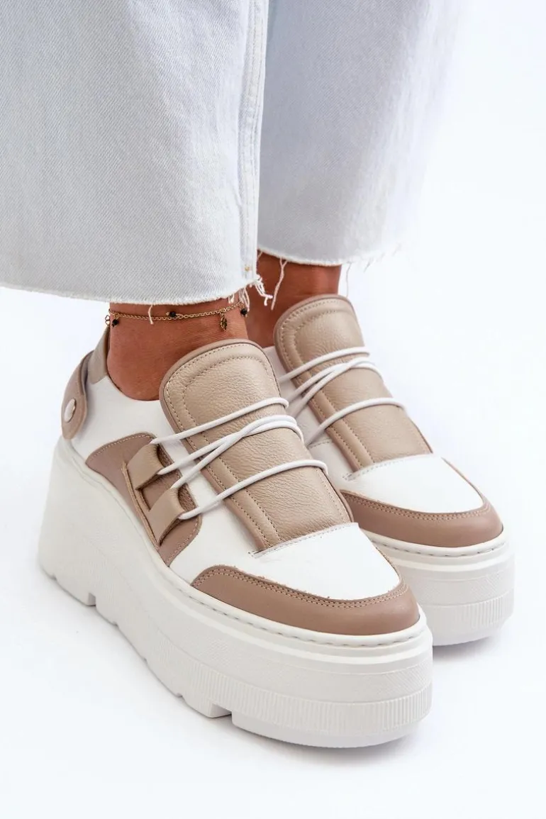 Zazoo 1833 Sneakersy Damskie Skórzane Na Masywnej Podeszwie Beżowo-Białe