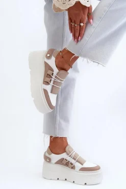 Zazoo 1833 Sneakersy Damskie Skórzane Na Masywnej Podeszwie Beżowo-Białe