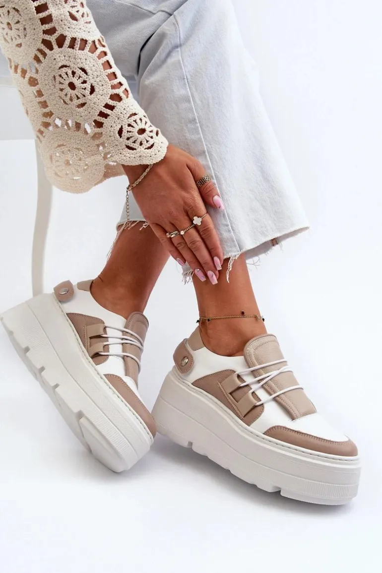 Zazoo 1833 Sneakersy Damskie Skórzane Na Masywnej Podeszwie Beżowo-Białe