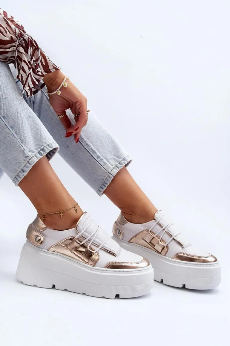 Zazoo 1833 Sneakersy Damskie Skórzane Na Masywnej Podeszwie Biało-Złote