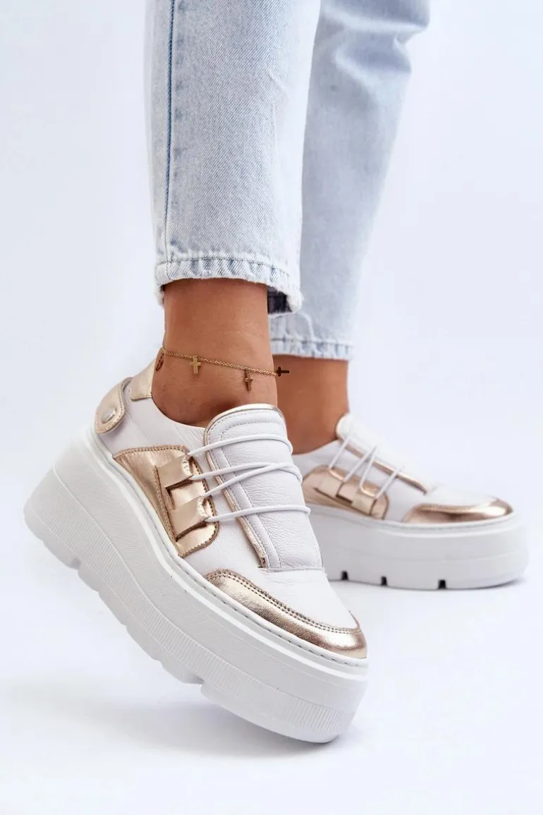 Zazoo 1833 Sneakersy Damskie Skórzane Na Masywnej Podeszwie Biało-Złote