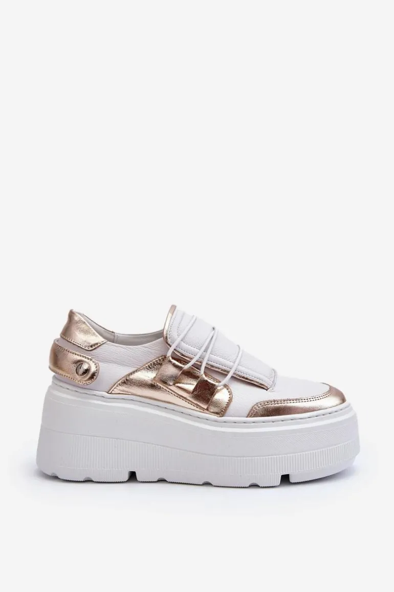 Zazoo 1833 Sneakersy Damskie Skórzane Na Masywnej Podeszwie Biało-Złote