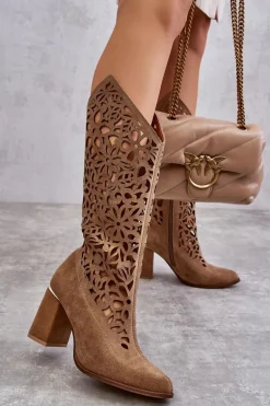 Zazoo 3234 Zamszowe Ażurowe Kozaki Ciemnobeżowe