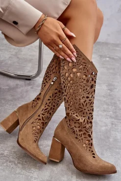 Zazoo 3234 Zamszowe Ażurowe Kozaki Ciemnobeżowe