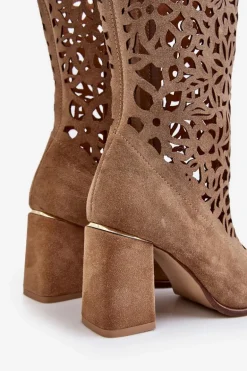 Zazoo 3234 Zamszowe Ażurowe Kozaki Ciemnobeżowe