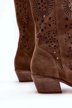 Zazoo 3396 Zamszowe Ażurowe Kozaki Do Połowy Łydki Brązowe