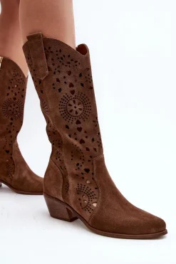 Zazoo 3396 Zamszowe Ażurowe Kozaki Do Połowy Łydki Brązowe