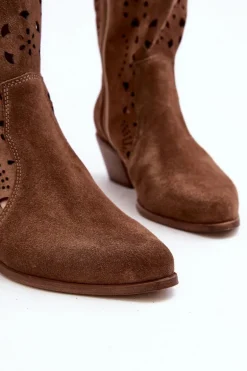 Zazoo 3396 Zamszowe Ażurowe Kozaki Do Połowy Łydki Brązowe