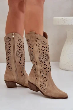 Zazoo 3396 Zamszowe Ażurowe Kozaki Do Połowy Łydki Beżowe