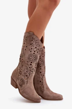 Zazoo 3396 Zamszowe Ażurowe Kozaki Do Połowy Łydki Ciemnobeżowe