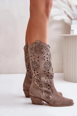 Zazoo 3396 Zamszowe Ażurowe Kozaki Do Połowy Łydki Ciemnobeżowe