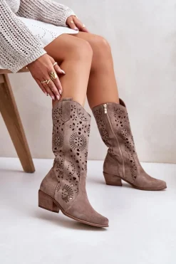 Zazoo 3396 Zamszowe Ażurowe Kozaki Do Połowy Łydki Ciemnobeżowe