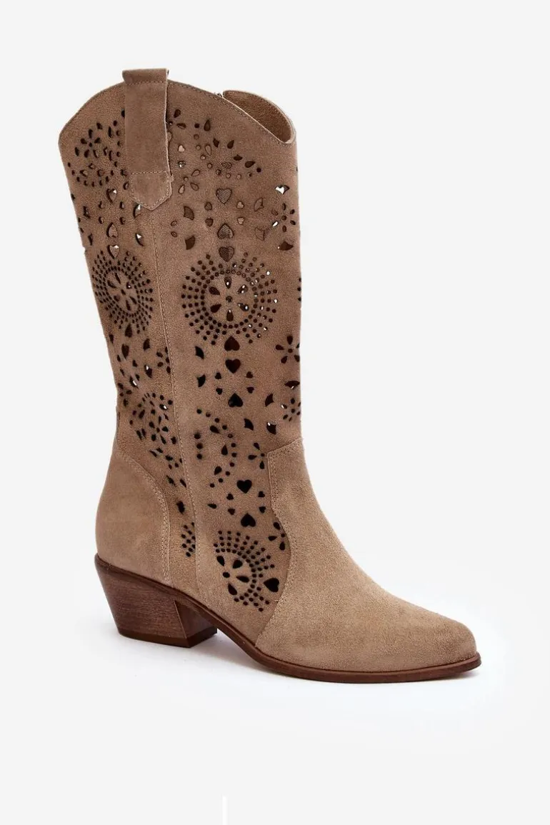 Zazoo 3396 Zamszowe Ażurowe Kozaki Do Połowy Łydki Jasnobeżowe